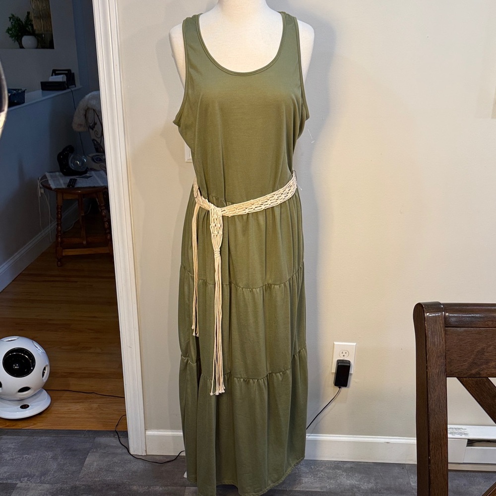 Faded Glory Olive Maxi Dress with Braided Belt
